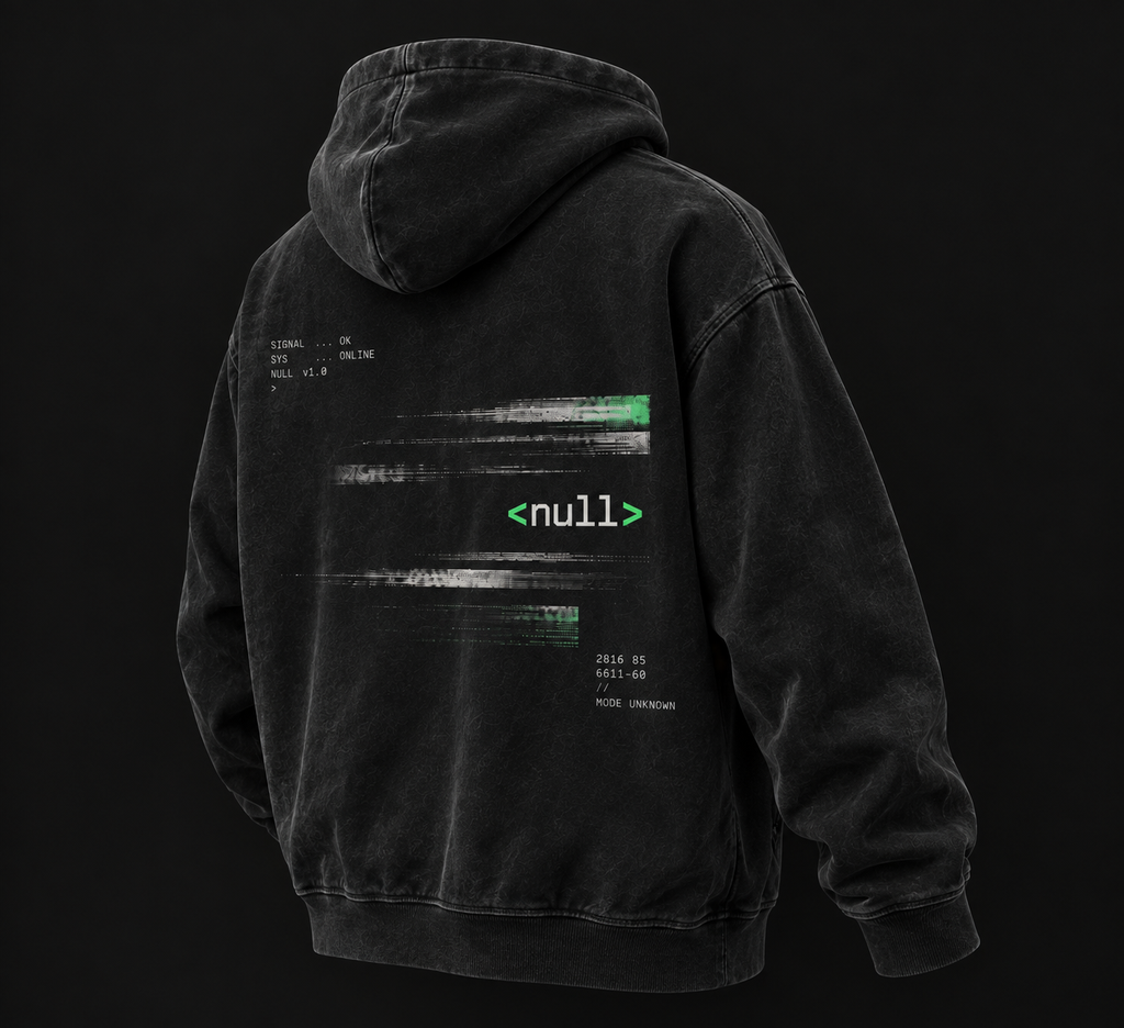 NULLTERM NT-002 Signal Hoodie, back angled, hero image
